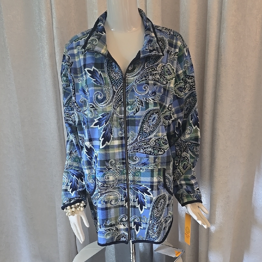 Blue Paisley PLAID Women's Top RUBY RD CHALET ZIP Track JACKET Sweatshirt 1X 3X